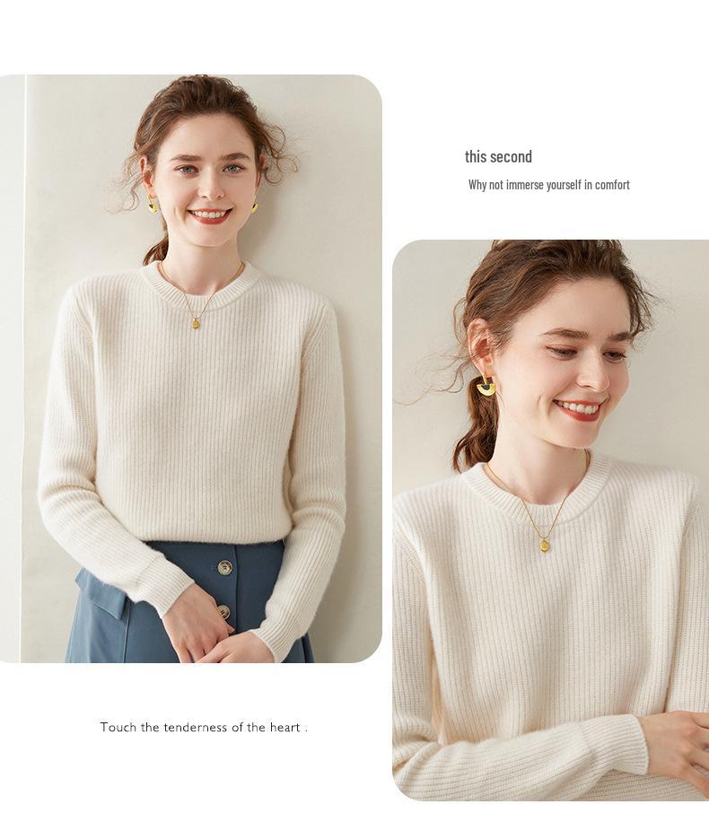 Women's Round Neck Striped Cashmere Sweater - Autumn/Winter 2024, Gentle Style, Loose Fit, Slimming, Short.
