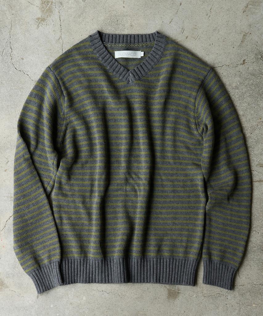 SLOWACID V-Neck Striped Pullover Knit [Khaki]