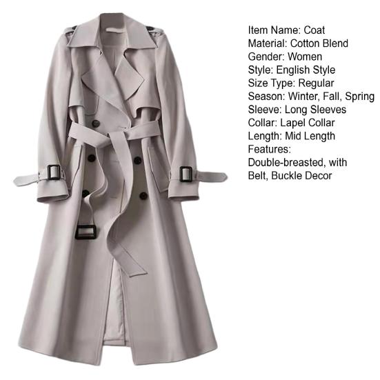Fall Winter Women Trench Coat Turn-down Collar Solid Color Double-breasted with Belt Mid Length Loose Thermal Long Sleeved Commuting Dating