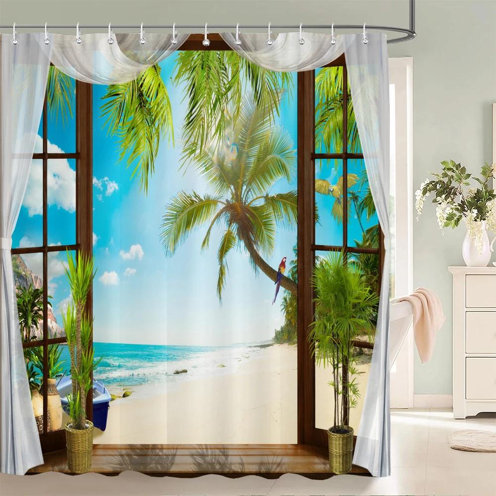 Rural Garden Flowers Seaside Scenery Shower Curtain Waterproof Bathroom Curtains Beautiful Sea landscape Bath Screen with Hooks