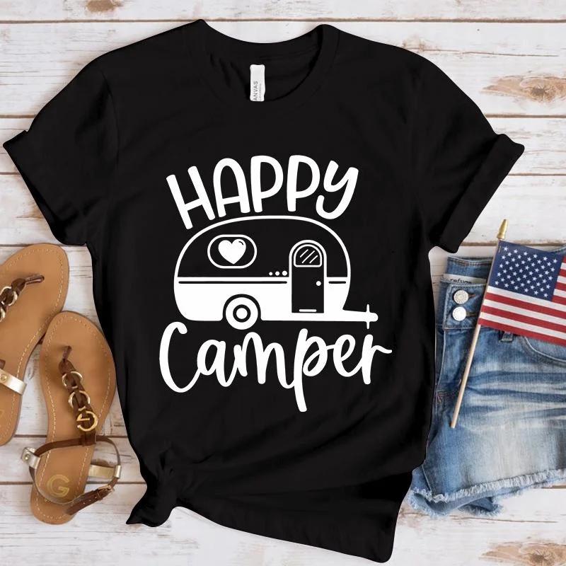 New Happy Camper Printed T Shirts Women Solid Color Shirts Crew Neck Tees Tops Outdoor Camping Cool Soft Shirt
