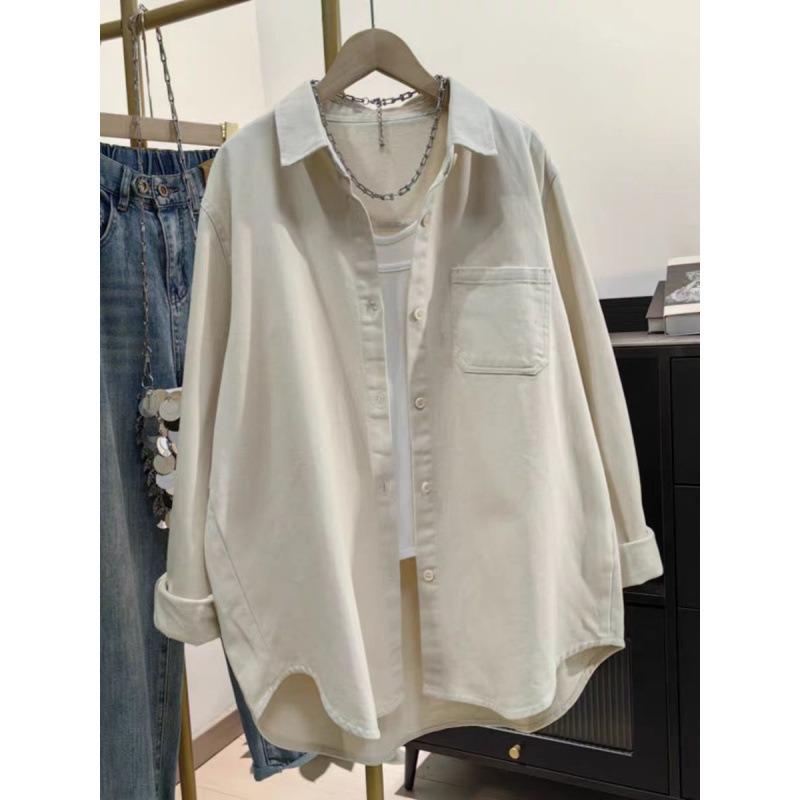 Off-white cotton thickened shirt women's spring and autumn new Korean version casual loose top medium and long tooling shirt