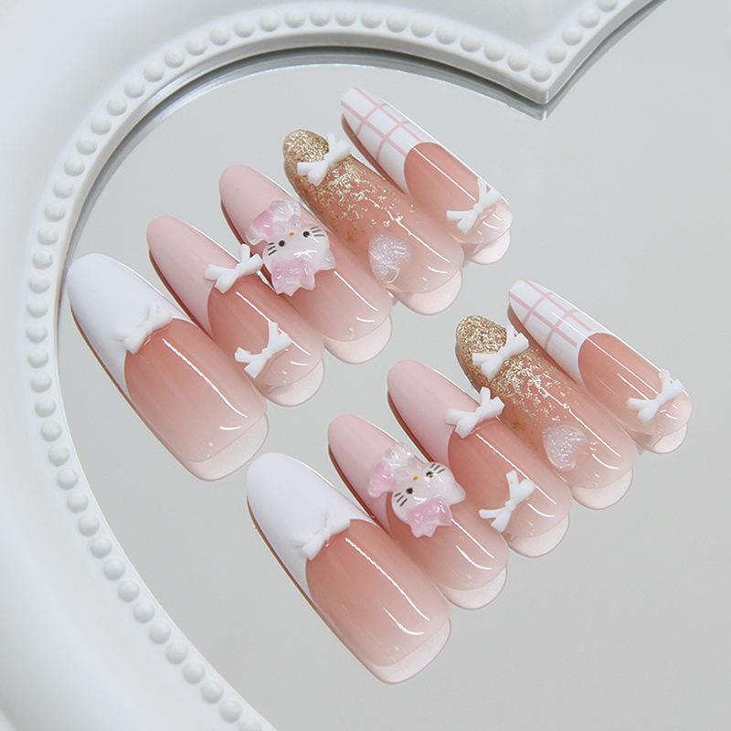 Glitter Plaid Animal Bow Long Almond Press On Nails Cute Sweet French For Ladies 30pcs Box & Strip Non Cosmetic Nail Decor