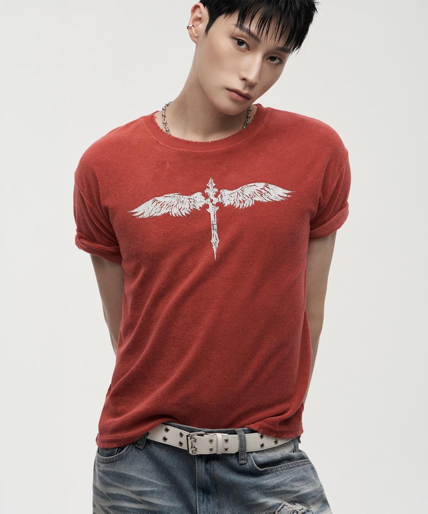 LANARCHIVE [0138] Antique Cross Wing Short Sleeve T-Shirt - Red