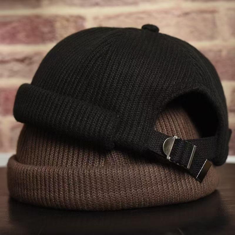 Japanese Black Casual Versatile Trendy Male Landlord Hat Winter Wool Small Round Hat Brimless Knitted Melon Leather Hat Cold Hat Women