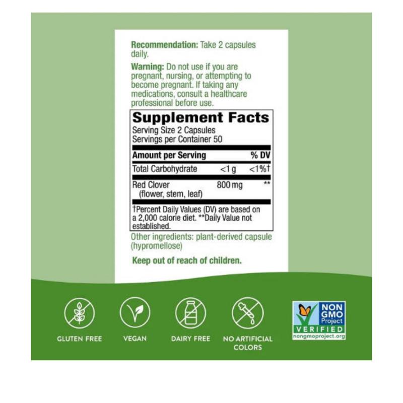 Nature's Way Red Clover 800mg 100 Vegetable Capsules Flower Herb, 100 Tablets, 1 Piece