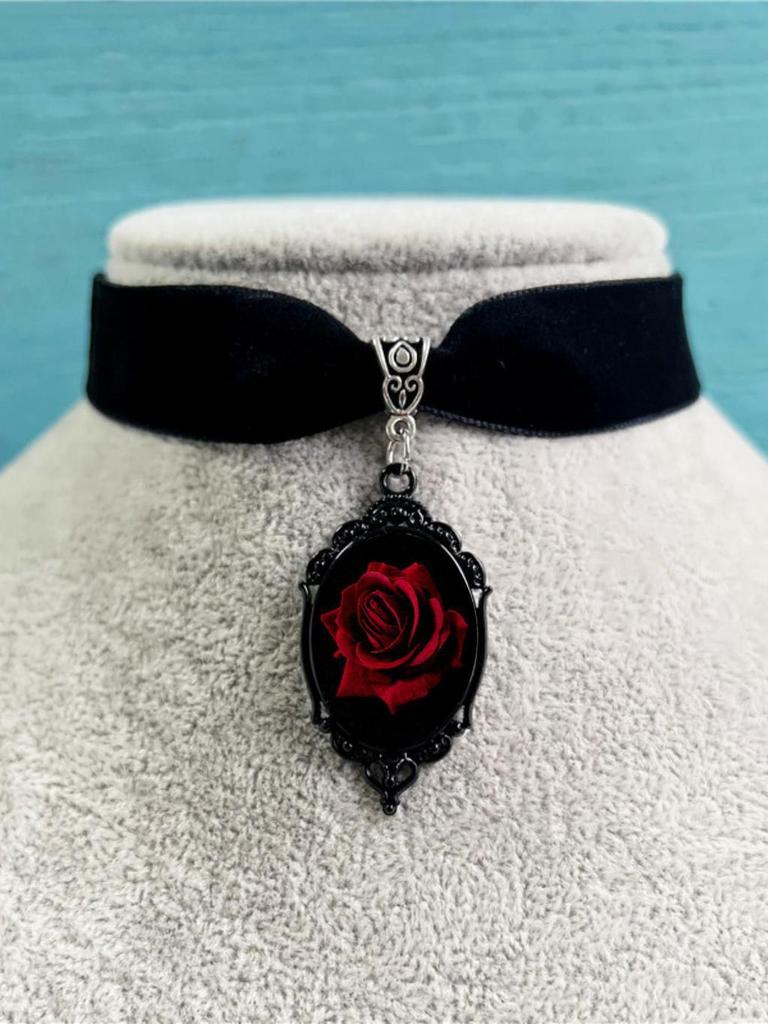 Halloween Rotes Glas Halskette Mit Rosen Anhänger Gotischer Stil Für Männer Und Frauen