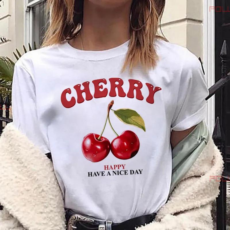 Casual Top Regular Length Fabric Fruit Vegetable Womens Cherry TShirt Crew Neck Short Sleeve Summer Short Sleeved Harajuku