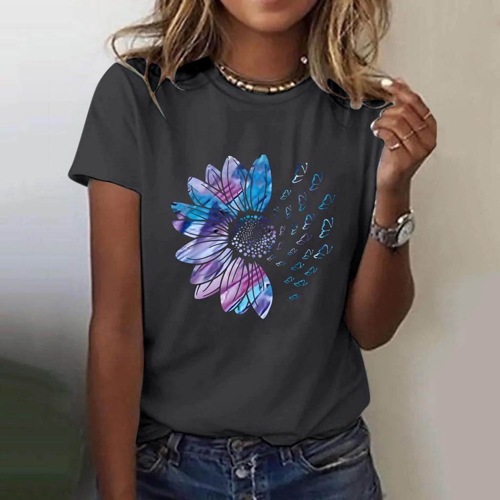 Women's Casual Floral Print Short Sleeved T-shirt With Round Neck  Top