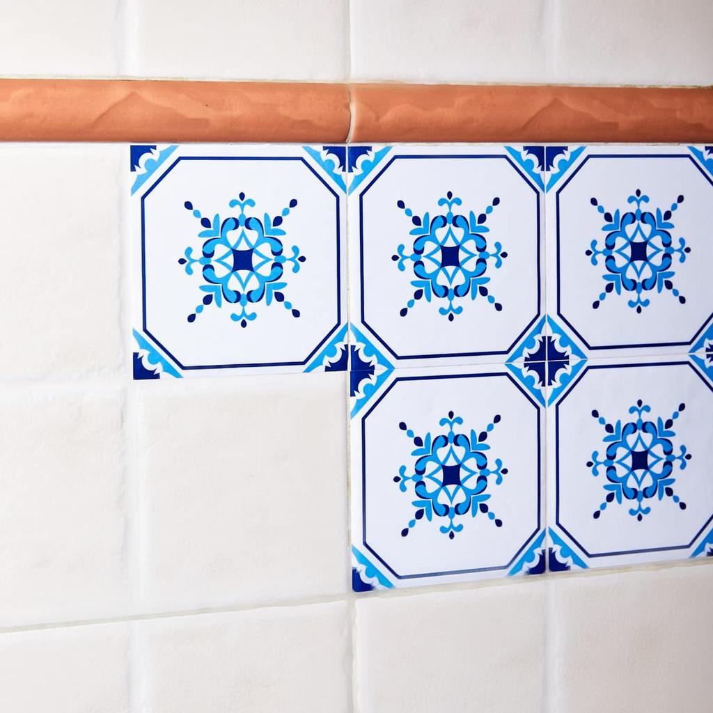 Poromoro Portuguese Spanish Azulejo Tile Stickers Peel and Stick Kitchen Bathroom Mosaic Tile Stickers Set of 16 & (3.9, 70)