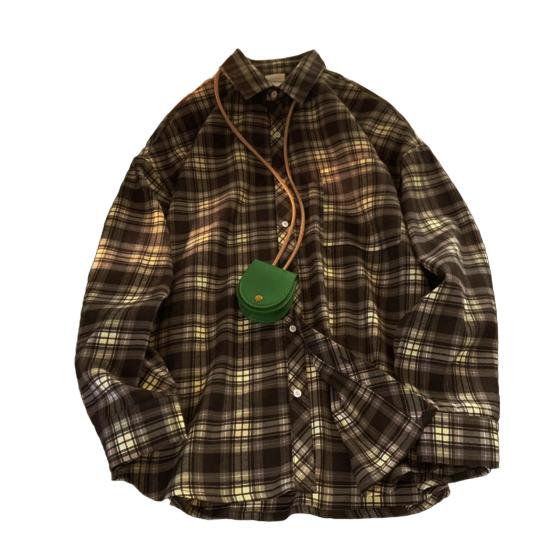 Spring Fall Men Shirt Turn-down Collar Plaid Printing Loose Button-down Retro American Style Long Sleeve Streetwear Top for Travel Daily Wear
