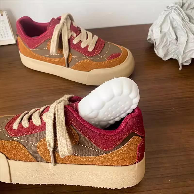 Red Thick Baseplate Shoes Women Spring and Autumn Chic Round Head Casual