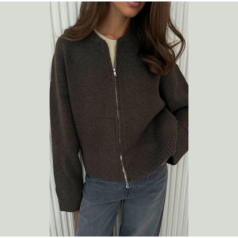 Knit Solid Color Women Cardigan Loose Long Sleeve Zipper Female Sweater Casual Autumn Winter O Neck Straight Female Overcoat