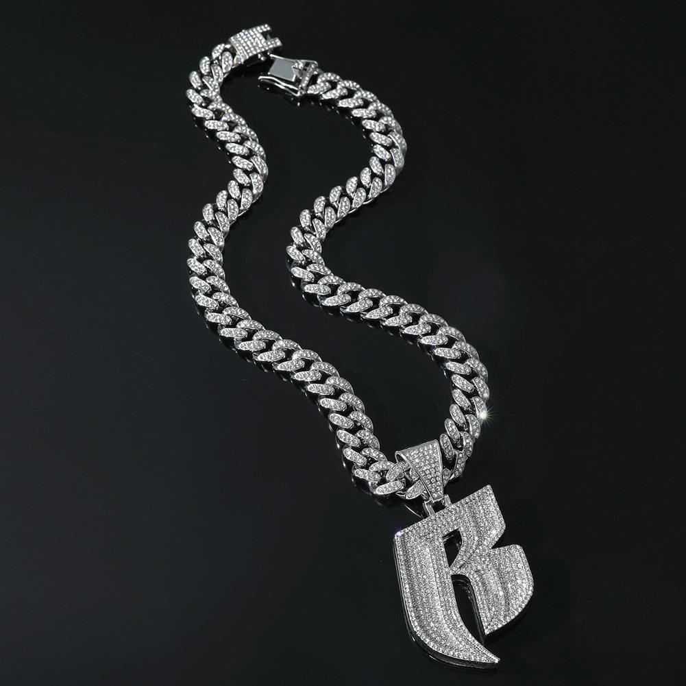 European and American Hip-hop Style Full of Diamond Letter B Pendant Necklace Men's Punk Style Cuban Chain Accessories Personality Accessories