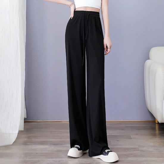 Women Casual Pants Elastic Waist Adjustable Drawstring Solid Color Long Trousers Ice Silk Wide Leg Draped Pants Streetwear