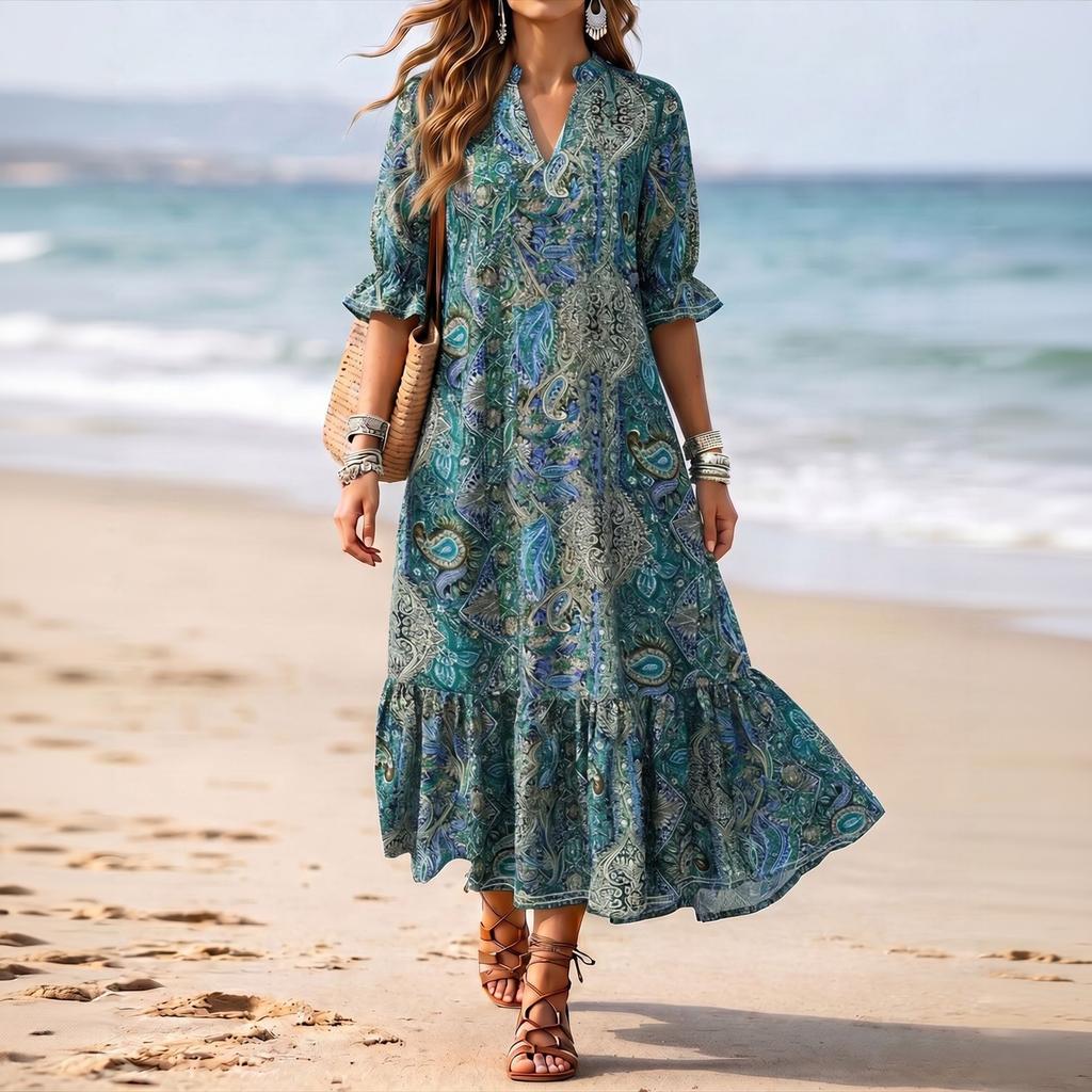 Bohemian Style V Neck Printed Short Sleeve Midi Dress with Ruffle Hem Lightweight Casual Loose Fit Summer Dress for Women