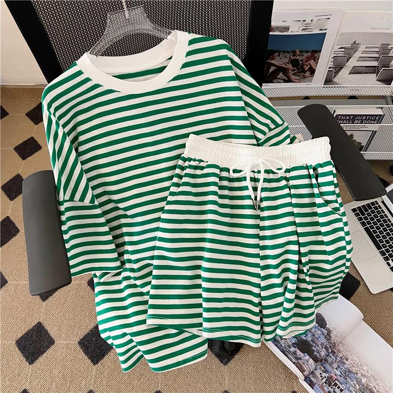 Striped Short Sleeve Women 2Pcs Tracksuit Set Summer Casual Loose Sports Suit T Shirt Shorts Set