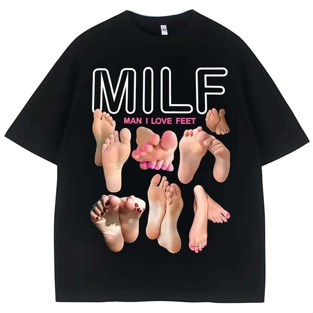 Summer Men's MILF Men, I Love Feet, Funny Meme Pattern Printed T-shirt, 100% Cotton, Casual Streetwear, Foot Fetish