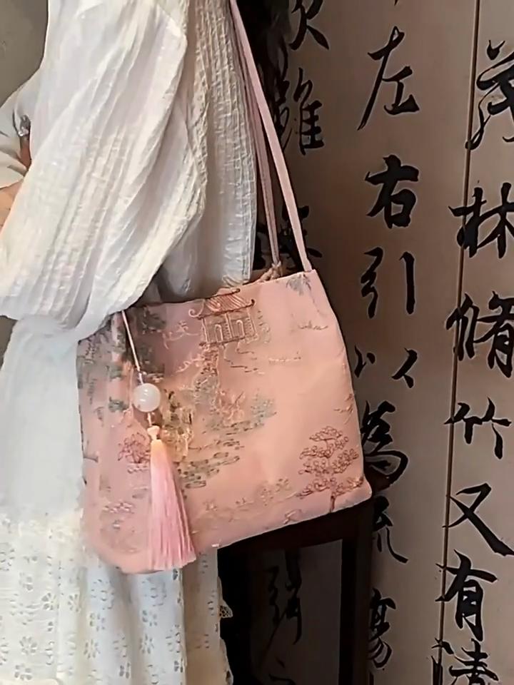 Ny Kinesisk Stil Retro Väska Silke Jacquard Trendig Minimalistisk Väska Axel Diagonal Cross Dam Shopper Tote AVE