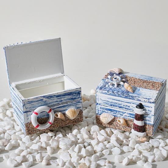 Coastal Wooden Trinket Box Handcrafted Nautical Jewelry Box with Starfish Shells Rustic Decorative Storage Box for Beach Home Decor