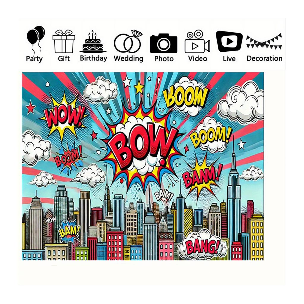 BOOM  WOW Comic City Tapestry Pop Art Style Wall Hanging for Birthday Decor Dorm Living Room High Quality 2D Flat Print Design