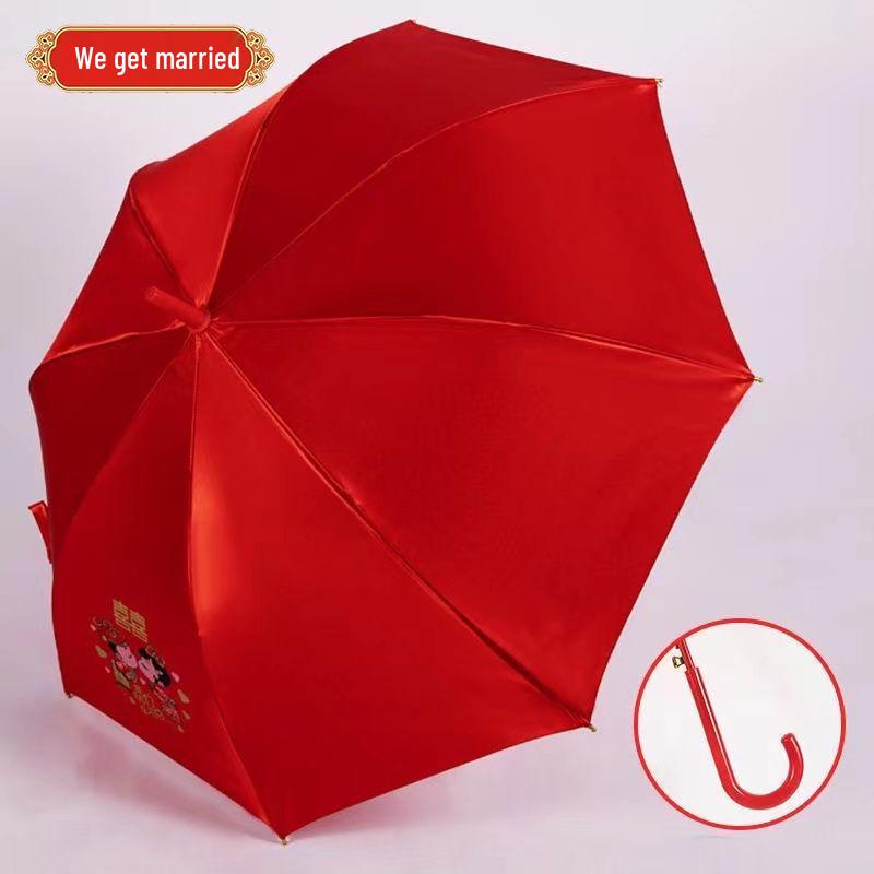 Eleganter roter Brautschirm mit gestickter Spitzkante und langem Griff für Hochzeiten