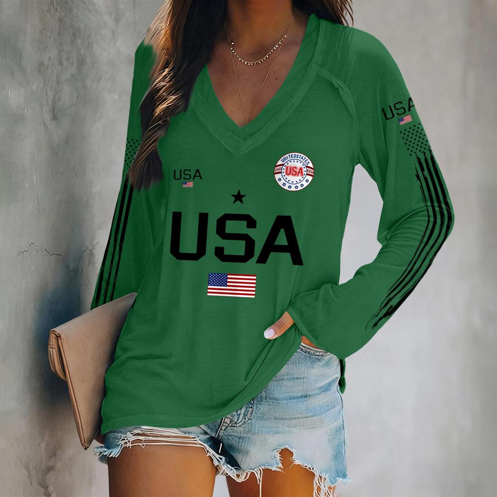 Long Sleeve V Neck Pullover with USA Letter Print and Flag Graphic Casual Loose Fit Top for Women Men Unisex Style Comfortable Lightweight Design