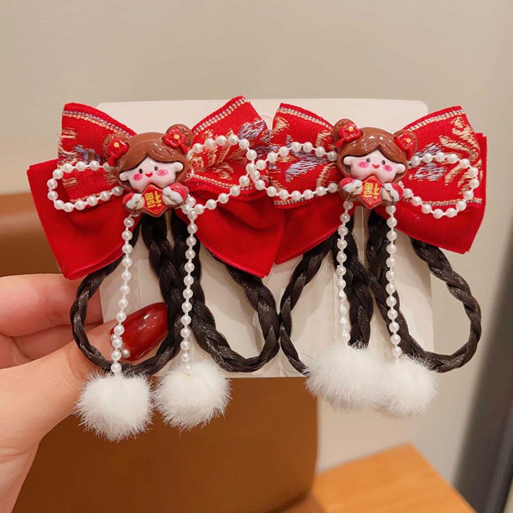 Süße Antiker Stil Kinder Neujahr Haarnadel Rot Prinzessin Neujahr Schleife Haarnadeln Band Quasten Perücke Zopf Mädchen Hanfu Kopfschmuck