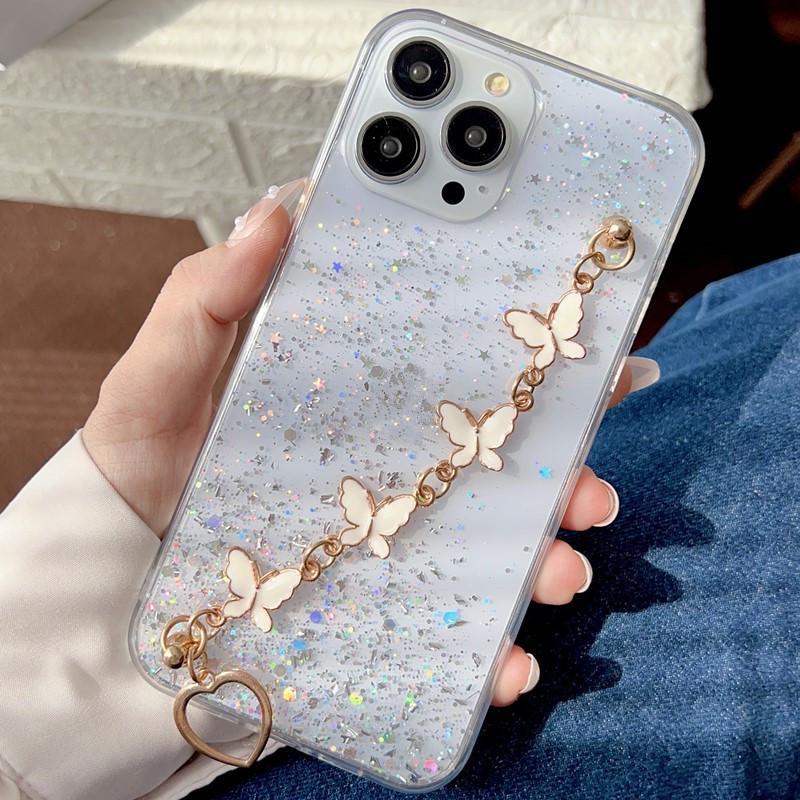 Capa de Celular com Glitter de Resina para iPhone 17 Pro Max com Pulseira, Design Transparente de Laço