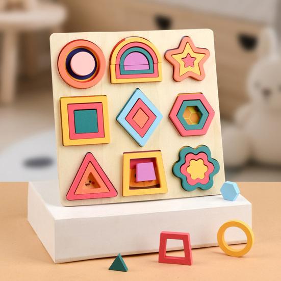 Wooden Geometry Puzzle Board Game Preschool Color Learning Geometric Shape Matching Puzzle Toddlers Boys Girls Educational Puzzle Toy
