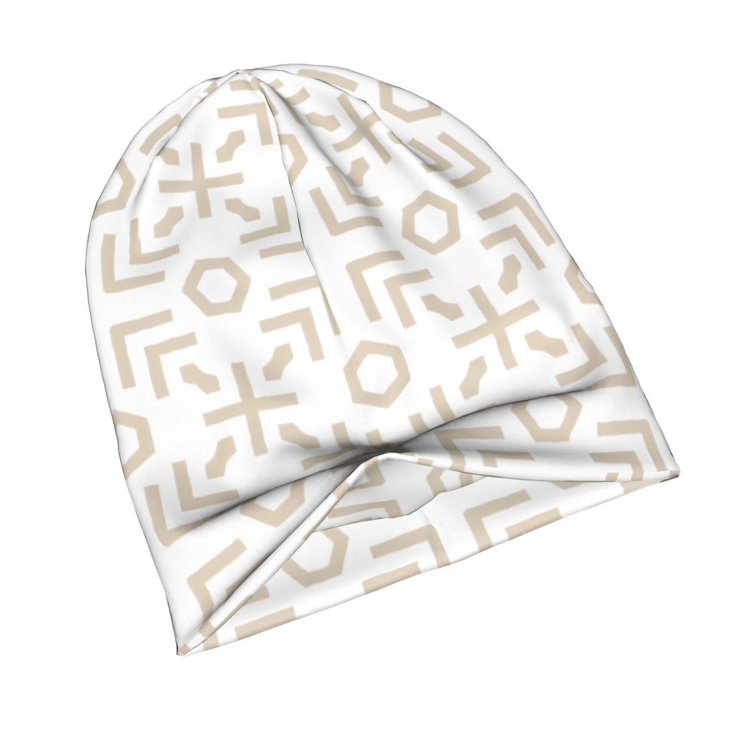 Beige And White Minimalist Art Deco Abstract Pattern Adult Knit Beanie with Easy Modern Style Fits Effortlessly Into Seasonal Wardrobes And Pairs Well
