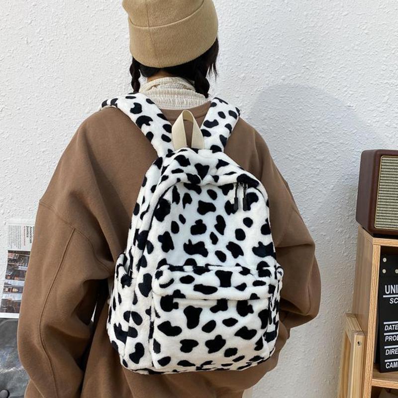 Mode Plüsch Rucksack Für Frauen Große Kapazität Mädchen Schule Tasche Nette Kuh Muster Rucksack Winter Neue Reise Rucksack