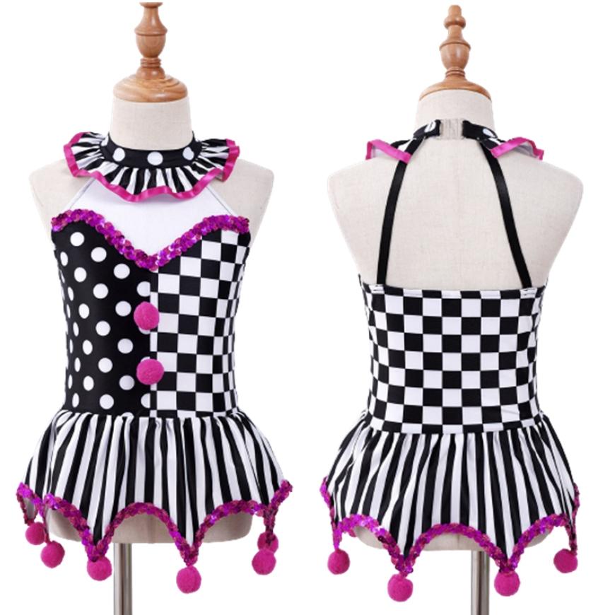 Kids Girls Clown Pompoms Tutu Dress Halloween Circus Party Cosplay Fancy Dress Up Costume