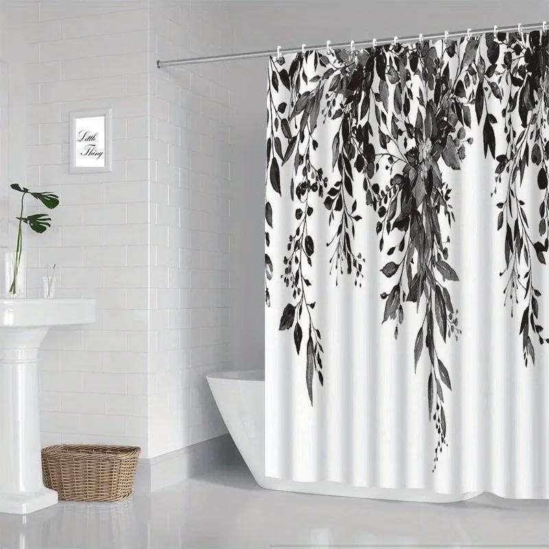 1 piece small fresh eucalyptus leaves digitally printed bathroom shower curtain set perforated strap hook easy to clean
