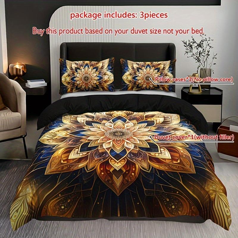 Golden Mandala Floral 3-Piece Duvet Cover Set With 2 Pillowcases - Breathable Polyester All-Season Amazing Theme Floral