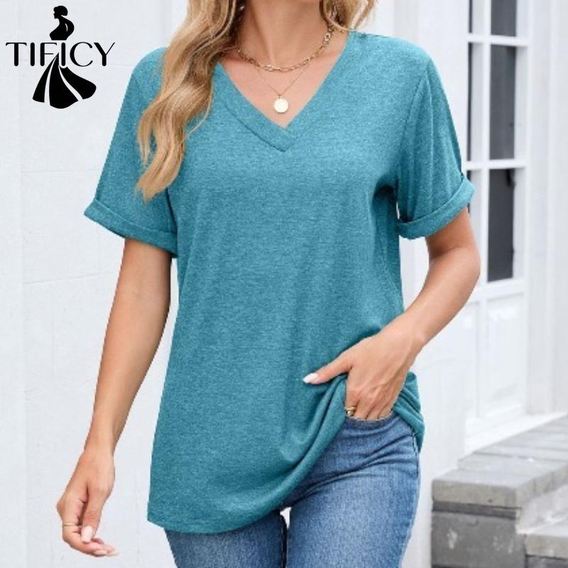 TIFICY Women's Fashion Casual Summer Spring Solid Color Print Short Sleeve V-Neck Blouses & Shirts