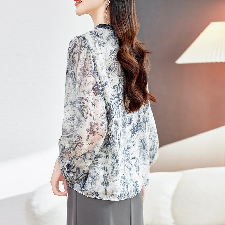 Printed Silk Top Women's  Seven-quarter Sleeve Fashion Temperament Trendy Brand Mulberry Silk Thin Shirt