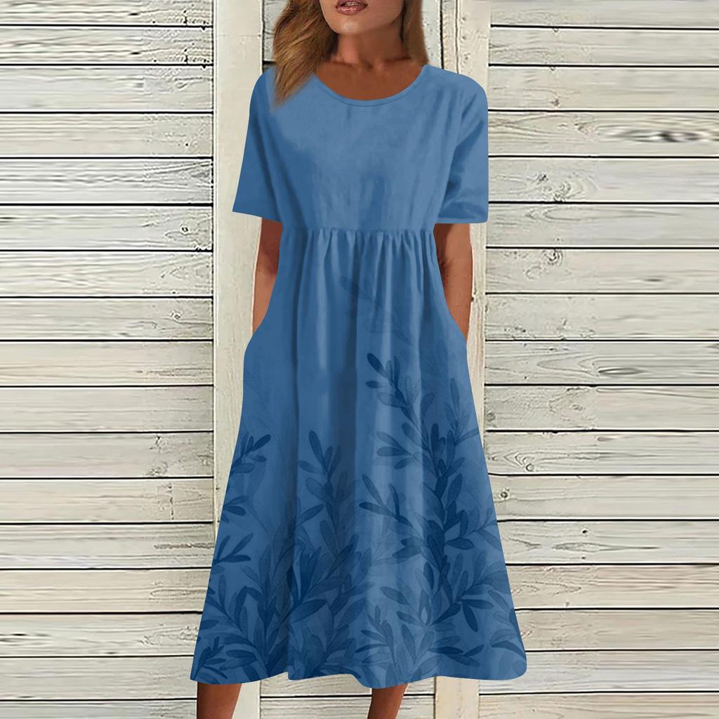 Women's Casual Dresses Printed Dresses Summer Dresses Printed Pleated Round Neck Midi Dresses Basic Classic Outdoor Daily Short Sleeve Loose Dresses