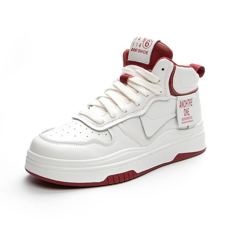 Women's High-top Leather White Shoes Trendy Autumn New Spring and Autumn Korean Version All-match Thick-soled Sneakers