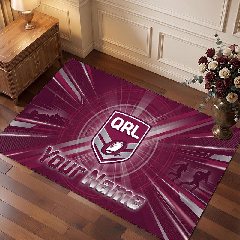 Tapis en Velours Cristal Personnalisé Queensland Maroons, Tapis Doux Antidérapant avec Texte Nom Personnalisé pour Salon Chambre à Coucher