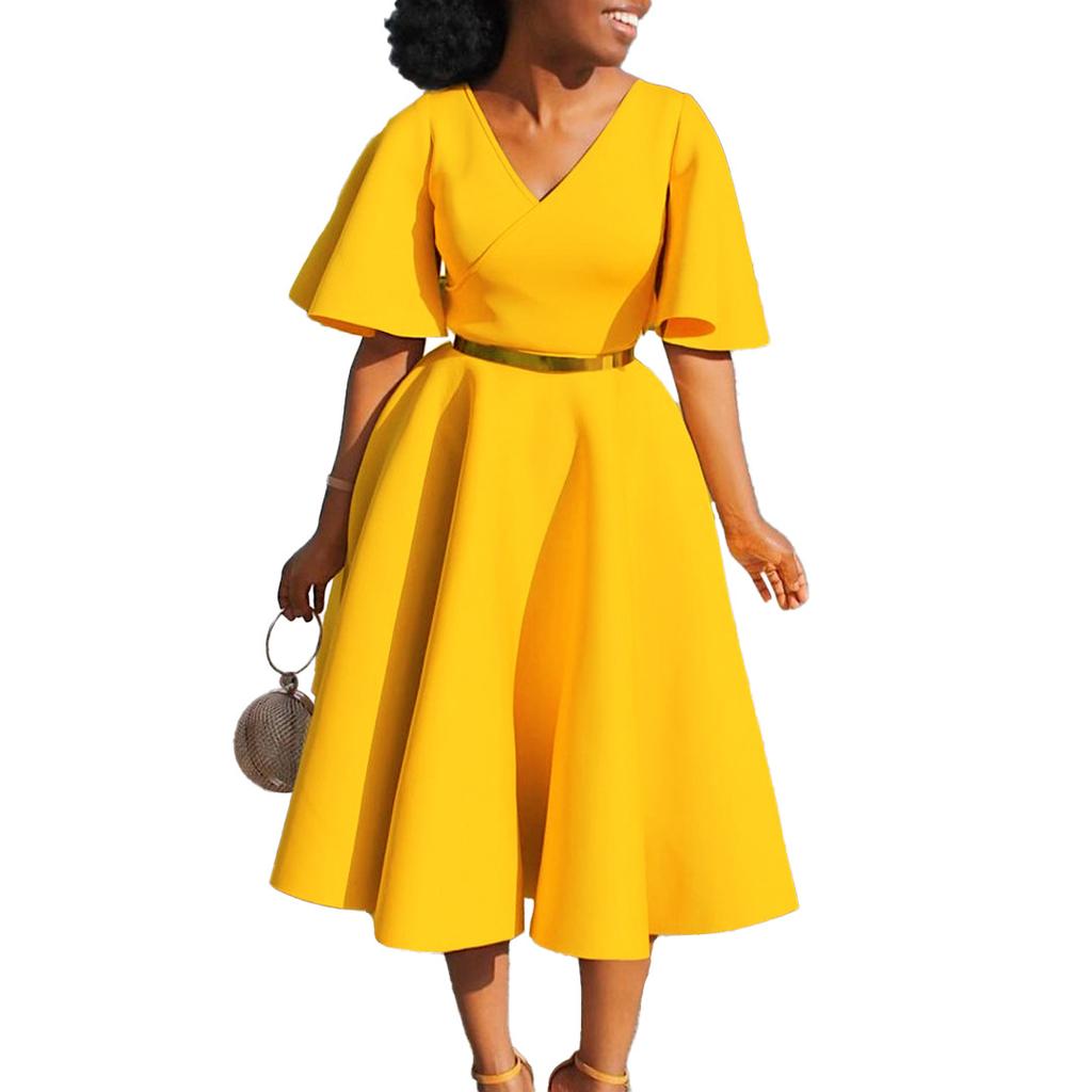 Summer Women's Dress Plus Size Flared Sleeve V-Neck Fashion Temperament Large Skirt Hem Dresses
