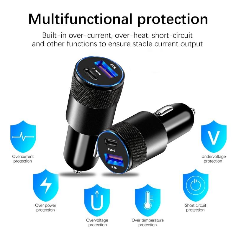 Charge Rapide 15W DC12-24V Type-C USB3.1A Double Sortie Chargeur de Voiture Universel USB+PD avec Affichage LED Translucide pour Voitures 12V-15V