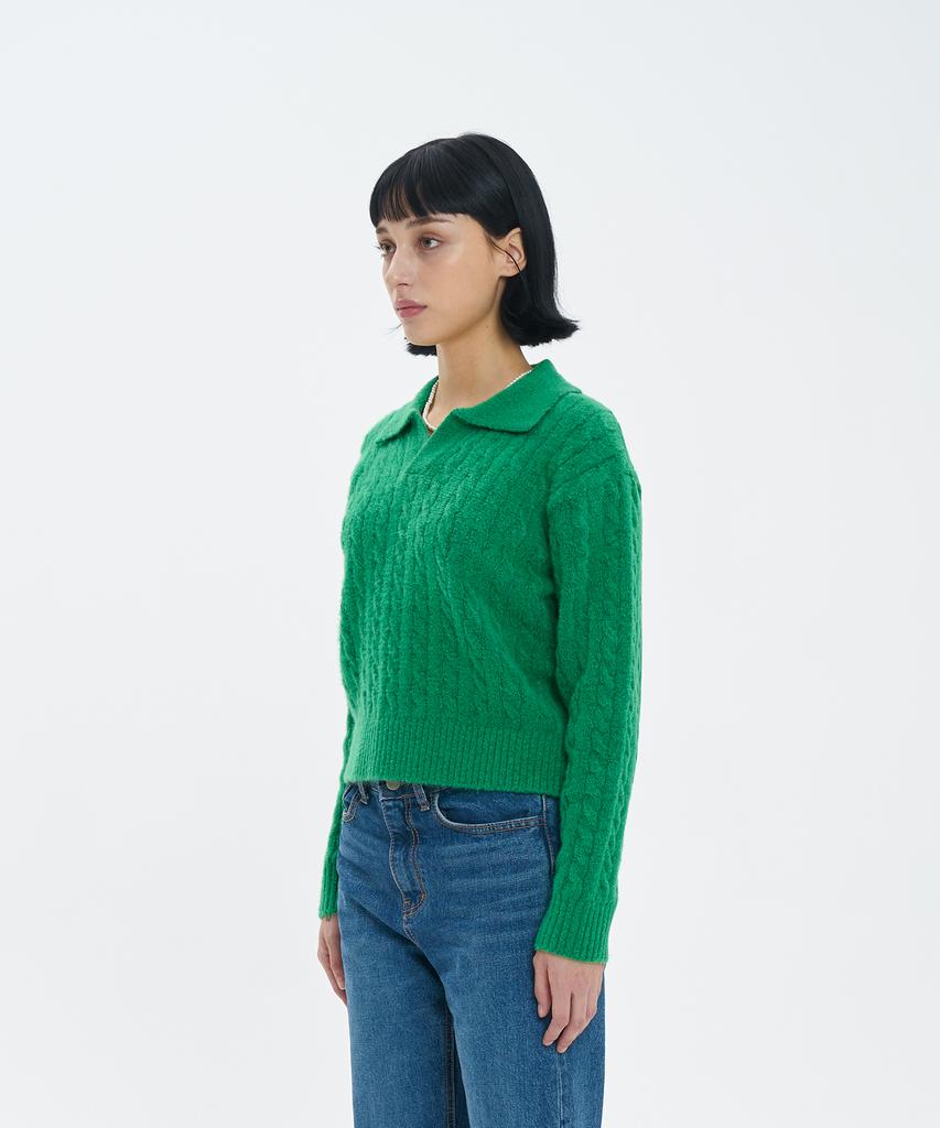 BLOND9 Cable Open Collar Knit_Hunter Green