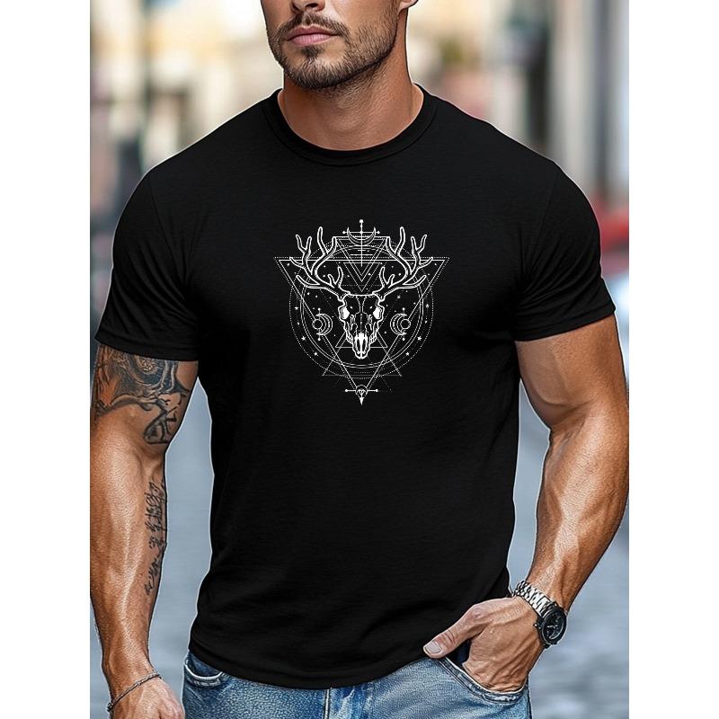 Men's T-shirt,Relaxed and Casual, Comfortable and Versatile, Men's Deer Skull and Geometric Design Pattern Summer Casual Crew Neck T-shirt, PLUS SIZE