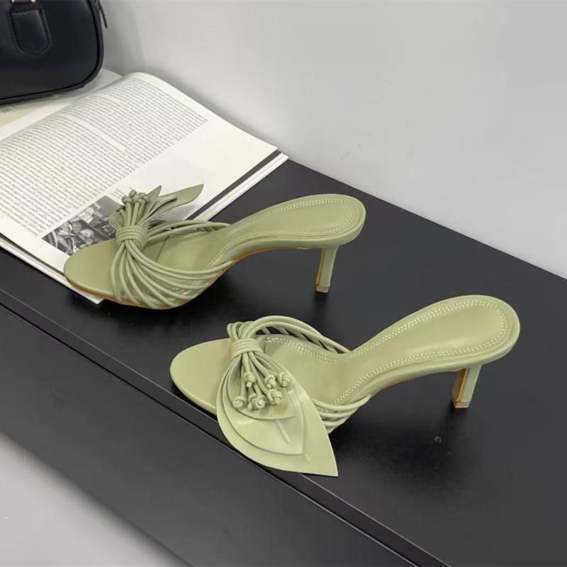 Fashion Ins Style Fashion Bowknot Narrow Band Women Slippers Sandals Elegant Summer High Heels Mules Slides Female Party Dress Shoes