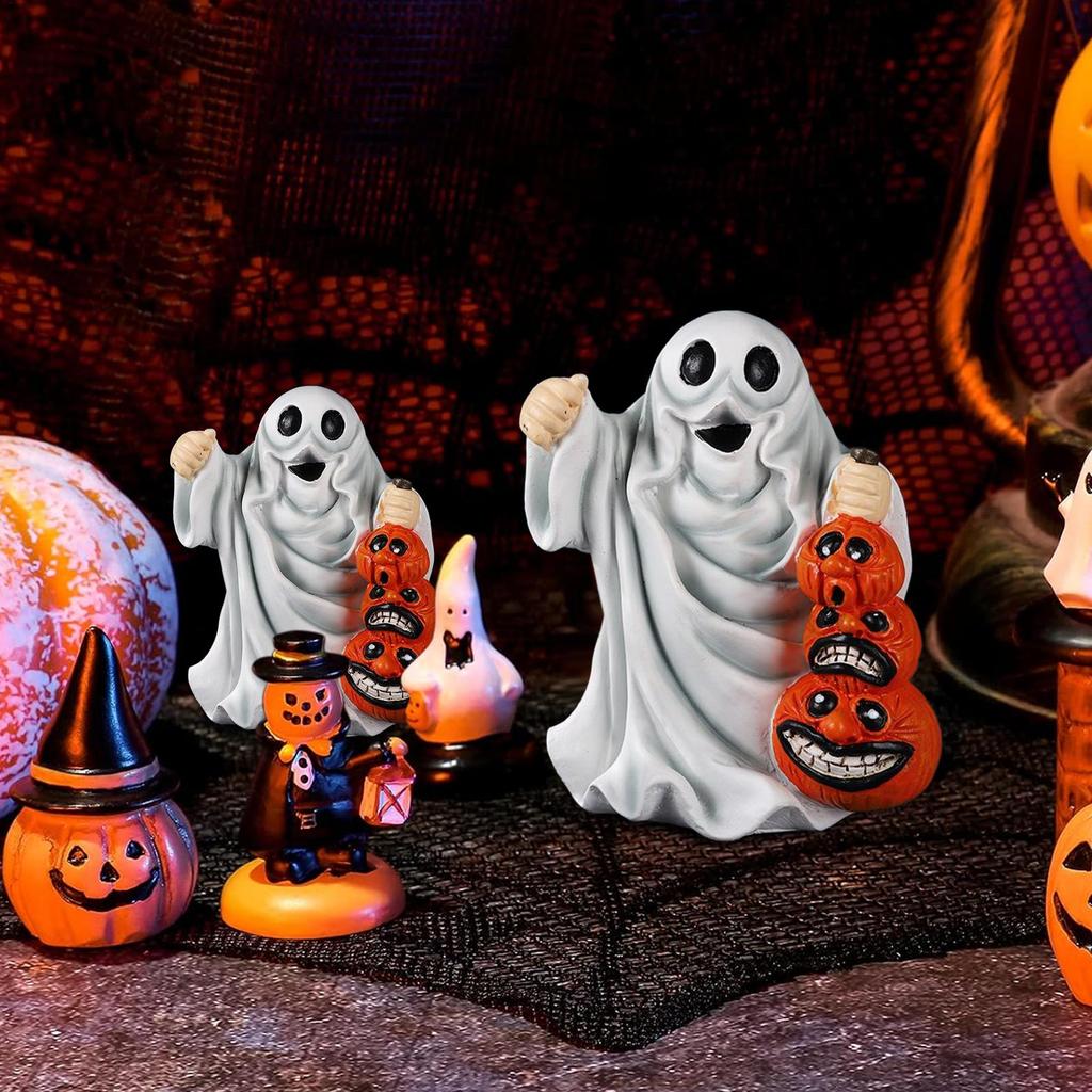 Halloween Ghost Pumpkins Ornaments Spooky Resin Pumpkins Statues Decorative Figurine For Haunted House Living Room Bedroom Study