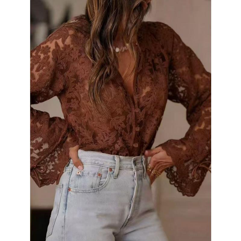 2026 New Fashion See Through Mesh Lace Shirt Korean Style Sweet Hollow Out Blouse Loose Casual Slim Long Sleeve Crochet Elegant Tops Solid Clothing