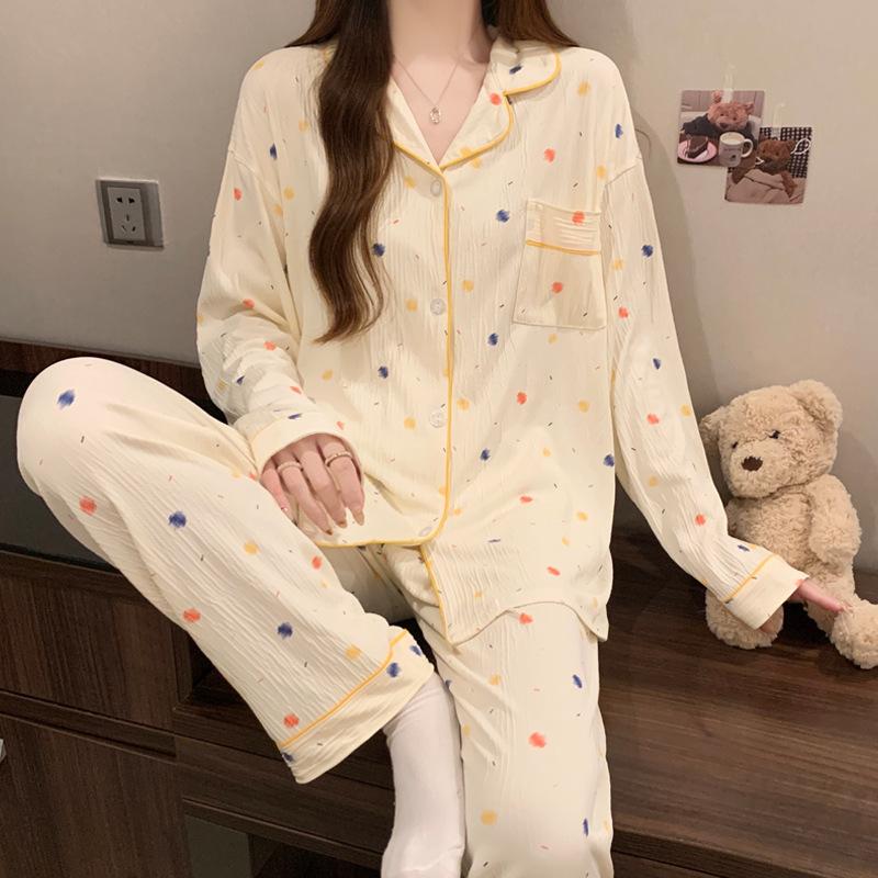 Spring and Autumn Women's Pajamas Loungewear Set Girl Love Cardigan Pajamas Crinkled Fabric Loungewear Long Sleeve Set