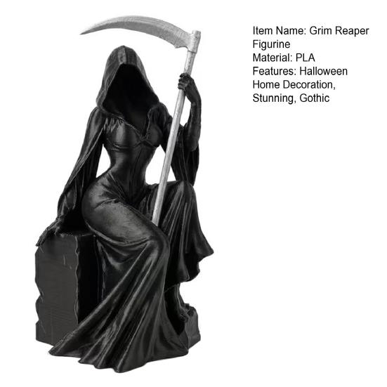 Grim Reaper Figurine with Scythe 3D Printed Mysterious Female Grim Reaper Statue Gothic Spooky Sculpture for Bookshelf Desk Decor
