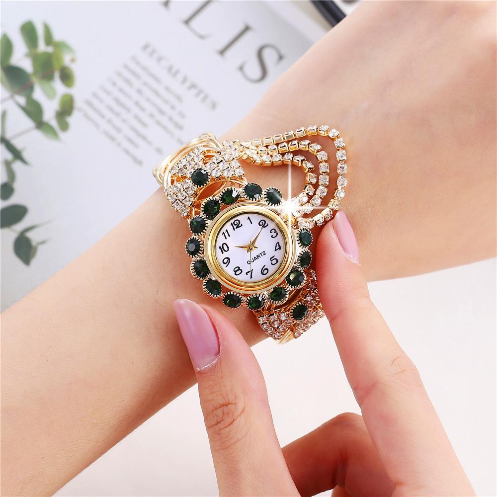 Female Round Dial Bracelet Watch Rhinestone Digital Quartz Wristwatch